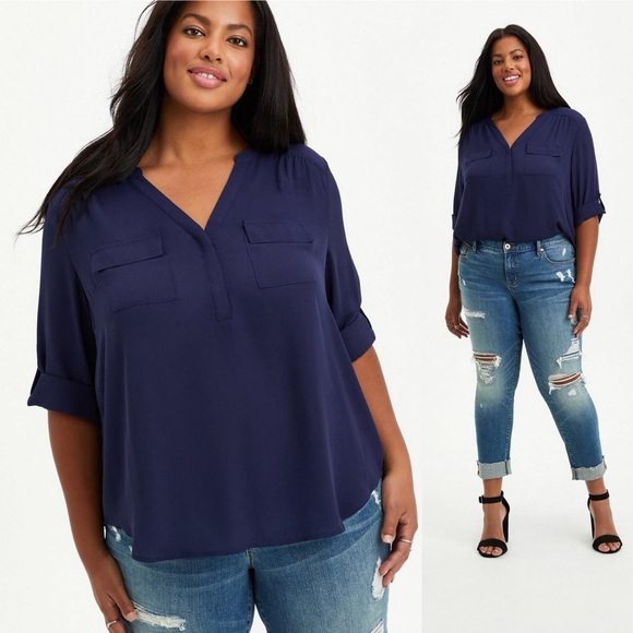 torrid Tops - [E] Torrid 1X Solid Navy Blue Harper Georgette Pullover 3/4 Sleeve Blouse